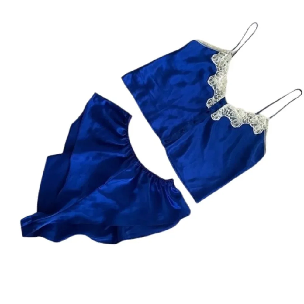 Victoria's Secret Gold Label Satin Silky Blue Vintage set Cami Tap Short M Med
